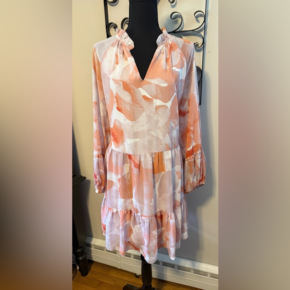 Express Peach and White Floral Tiered Long Sleeve Dress